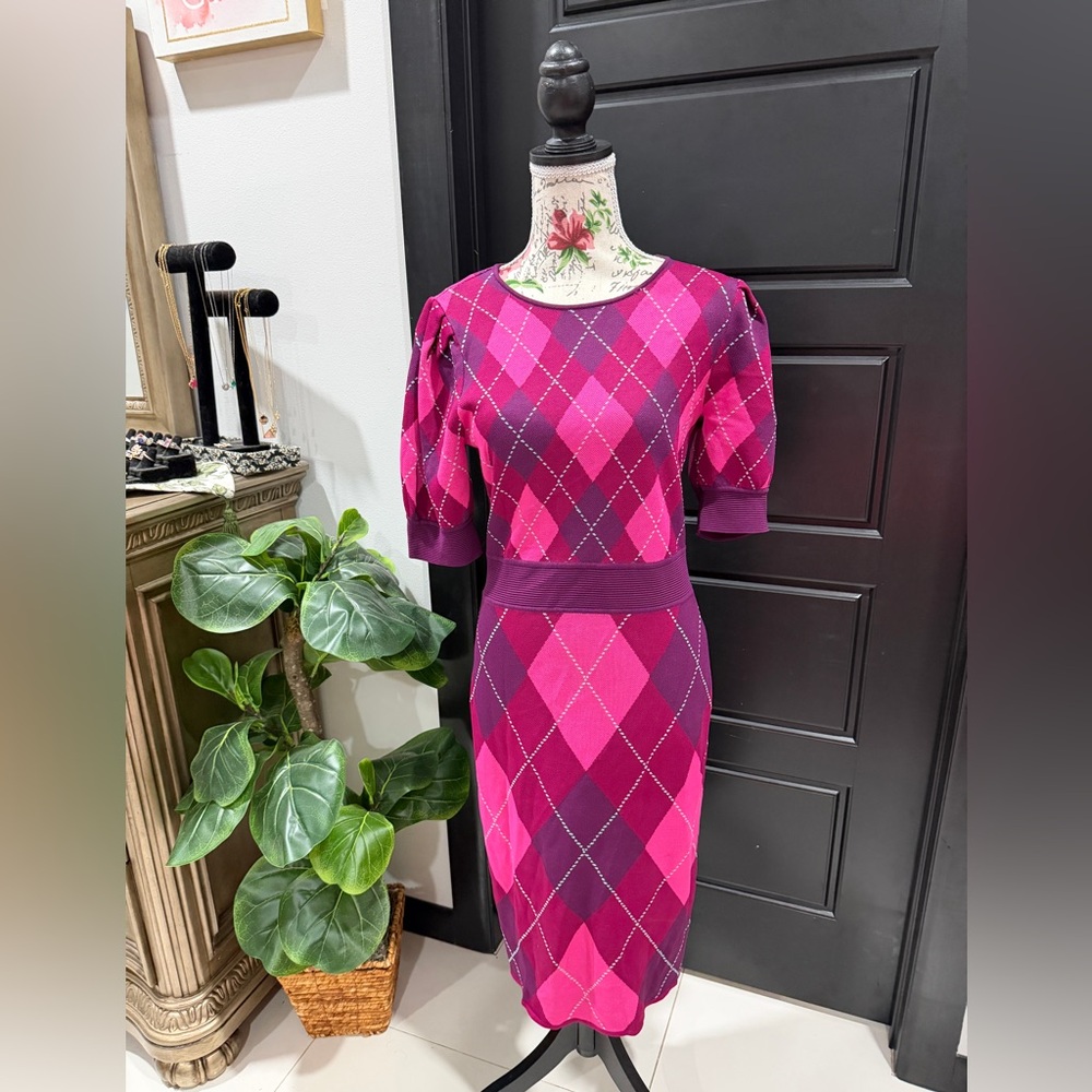 New York & Company Pink Argyle Puff-Sleeve Midi Dress